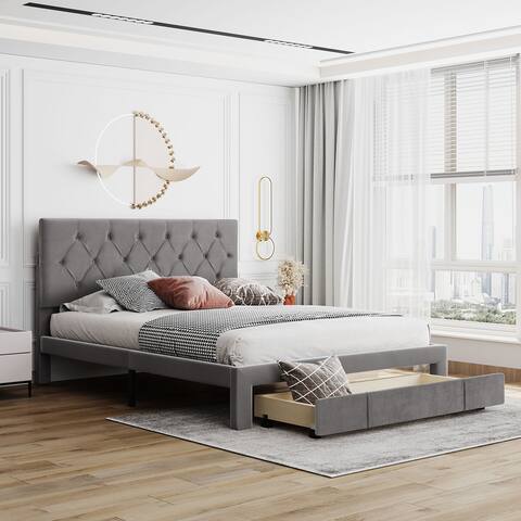 Queen Size Tufted Upholstered Platform Bed with Removable Wheeled Footside Drawer / Lozenge Pattern Headboard / 12 Strong Slats