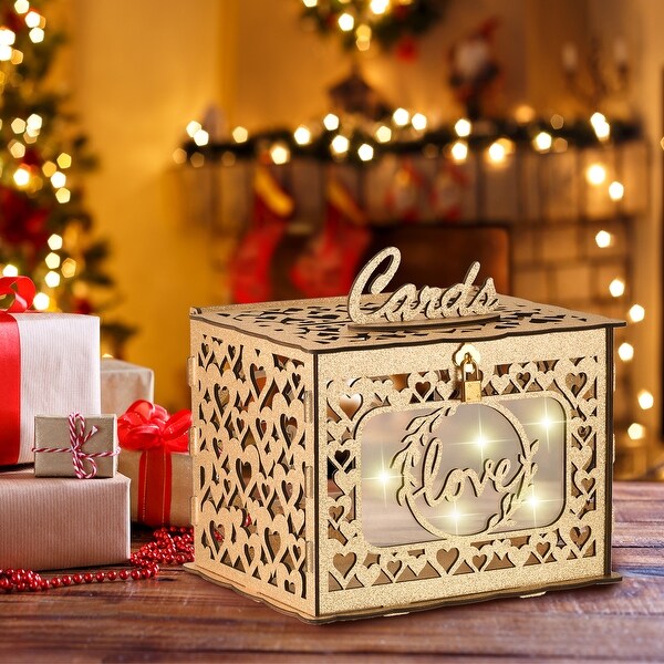 Geometric Wood Wedding Card Box with Heart-shaped Lock, Gold/Rose