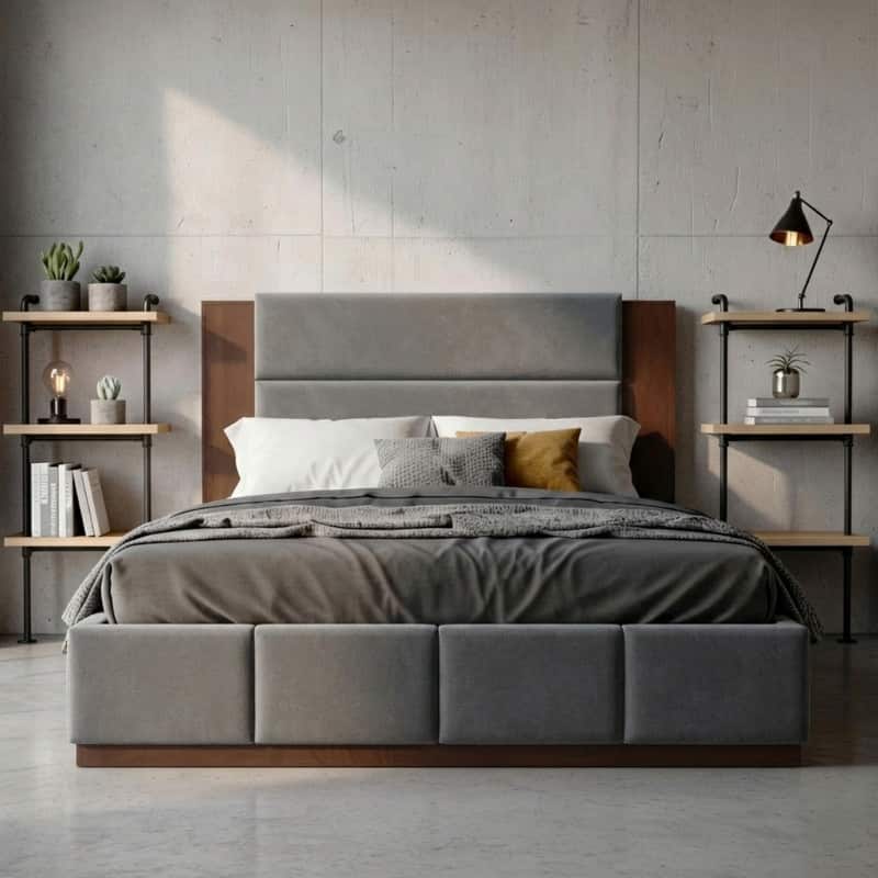 Upholstered Bed Low Profile Platform Bed Modern Wood Base Grounded Bed with Extended Wood Headboard and Upholstered Wingback