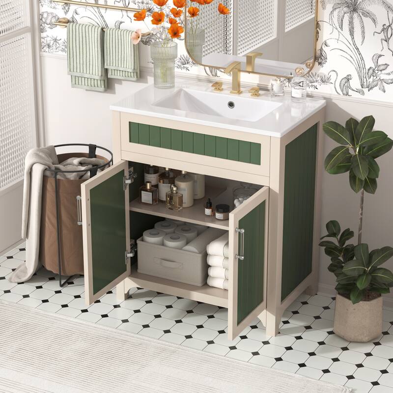 30 Inch Single Sink Freestanding Bathroom Vanity in Green with White Ceramic Top