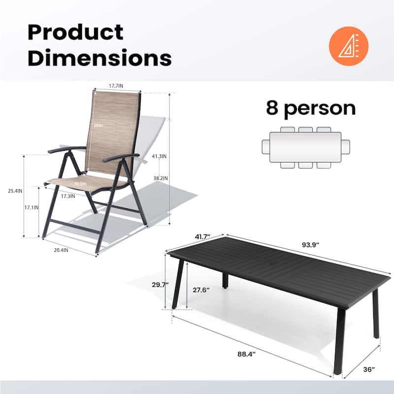 Outdoor Aluminum Dining Table with Umbrella Hole with Durable Adjustable Reclining Folding Chair