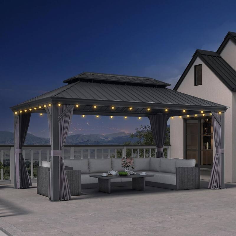 PURPLE LEAF Outdoor Galvanized Steel Full size Hardtop Gazebo Aluminum Frame Gazebo With Curtains - 10' x 16' - Grey(With lights)