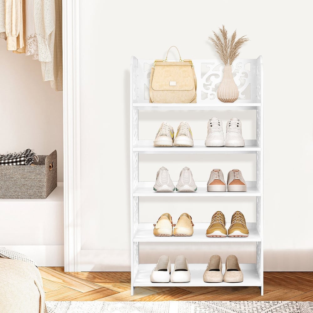 HELLO LAURA Versatile 5-Tier Wood-Plastic Shoe Rack Shoes Tower 15 of pairs of shoe White Finish