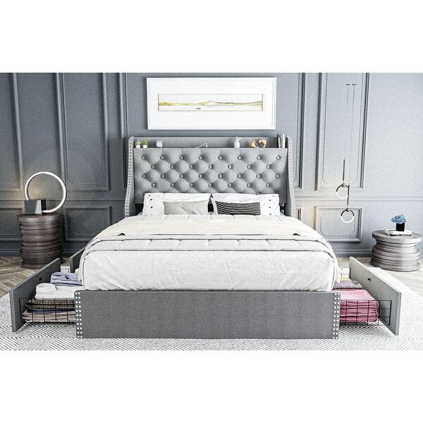 Bed Frame with 4 Storage Drawers and Headboard