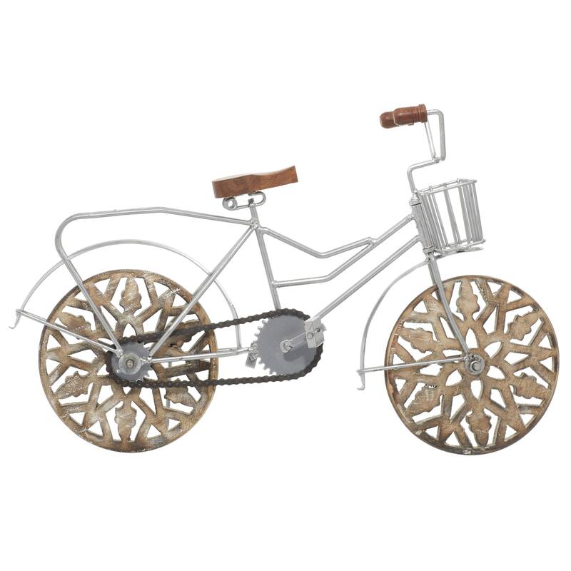Metal Bike Decorative Sculpture with Carved Wood Wheels - White, Brown, Gold - Roche River Decor
