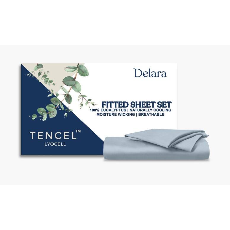 Delara 100% Eucalyptus Lyocell Tencel Fitted Sheet & Pillowcases, Naturally Cooling, Moisture-Wicking, Smooth & Breathable - Twin (39"X75") - Light Blue
