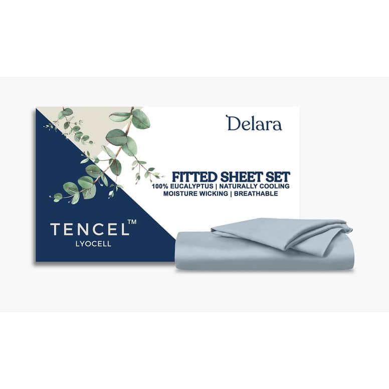 Delara 100% Eucalyptus Lyocell Tencel Fitted Sheet & Pillowcases, Naturally Cooling, Moisture-Wicking, Smooth & Breathable