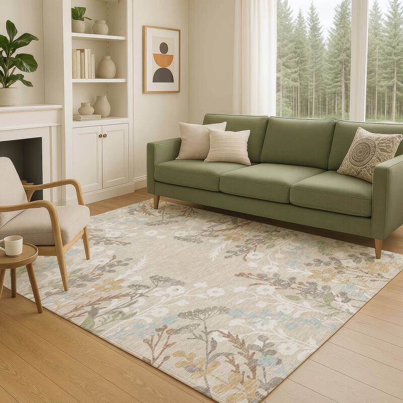 Machine Washable Indoor/ Outdoor Floral Border Chantille Rug