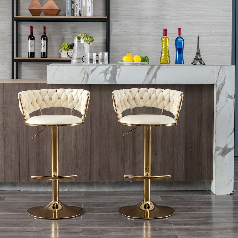 Set of 2 Adjustable Swivel Bar Stools, Cream Velvet with Chrome Footrest & Gold Legs