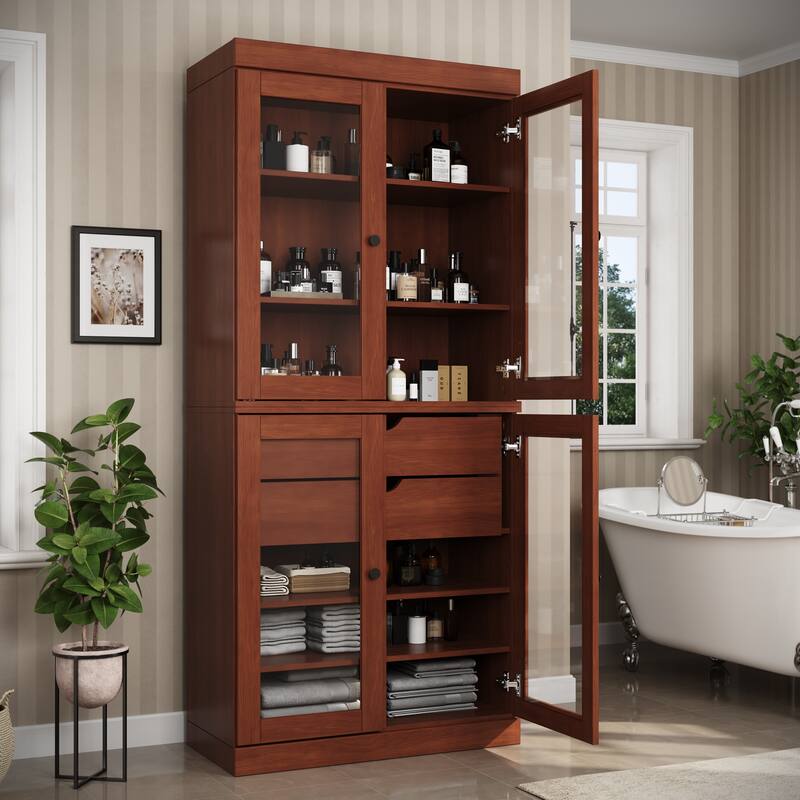 Palace Imports 100% Solid Wood 32" Bathroom Cabinet with Clear Glass Doors, 2-Drawers and Adjustable Shelves - Mocha