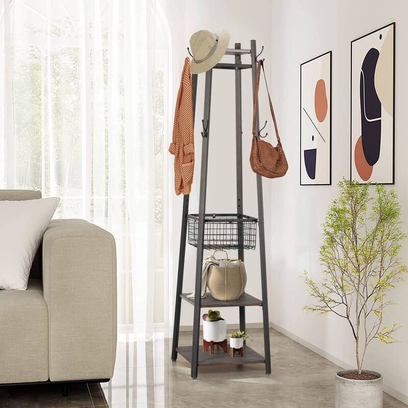 Javlergo Coat Rack with Deep Metal Basket, 2-tier Shelves & 8 Dual Hooks - Brown