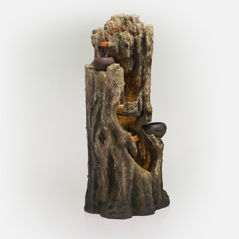 Alpine Corporation WIN1530 Indoor/Outdoor Floor Waterfall, Tree Trunk Fountain w/ LED Lights & 2 Flower Pots, 52", Brown