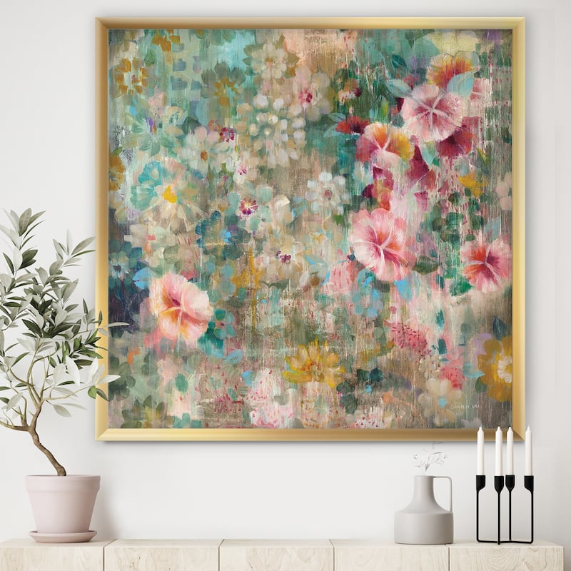 Designart "Flower Shower III" Farmhouse Framed Art Print - 16 in. wide x 16 in. high - Gold