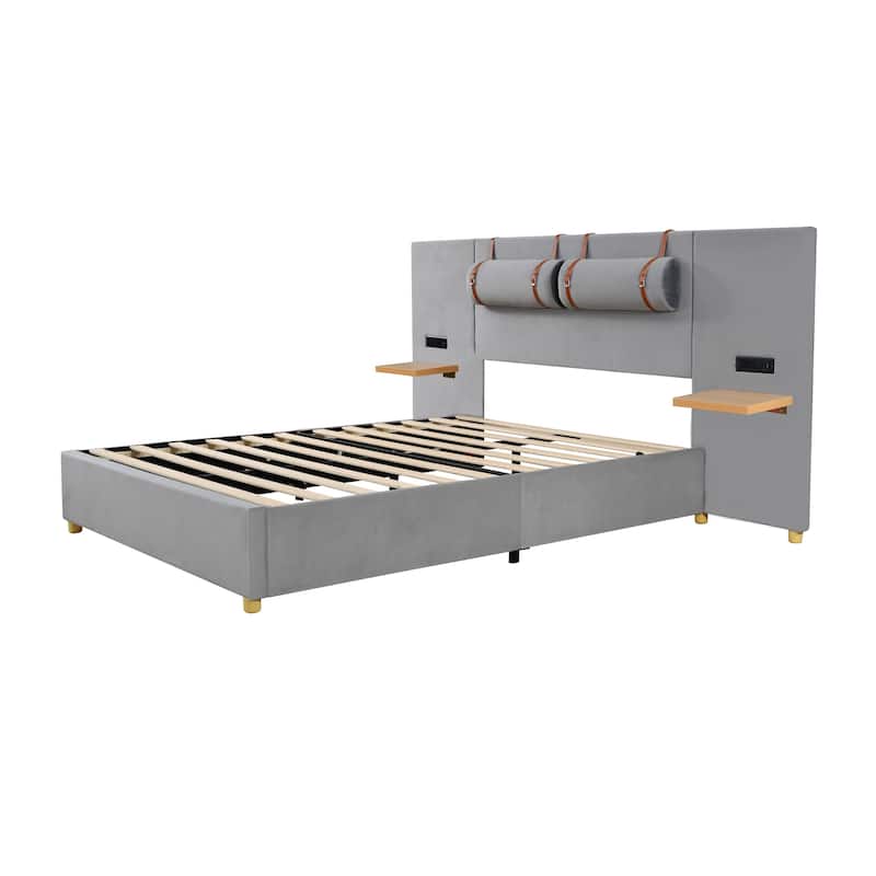 Full/ Queen Size Upholstered Platform Bed Frame with 2 USB Ports, Head Pillows and Side Storage Shelves