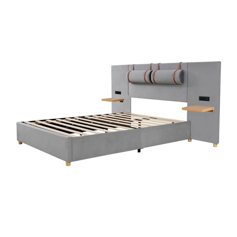 Queen Velvet Upholstered Platform Bed with Built-in USB Charging Ports, Power Outlets, and Side Shelves