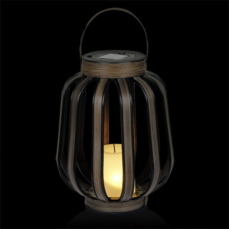 Solar Brown Cylindrical Decorative Plastic Lantern with LED