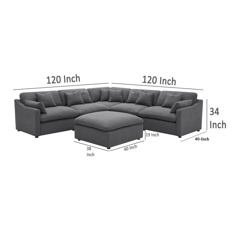 Hobo 6pc Sectional Sofa, Charcoal Gray Fabric, 10 Pillows, 120 Inch