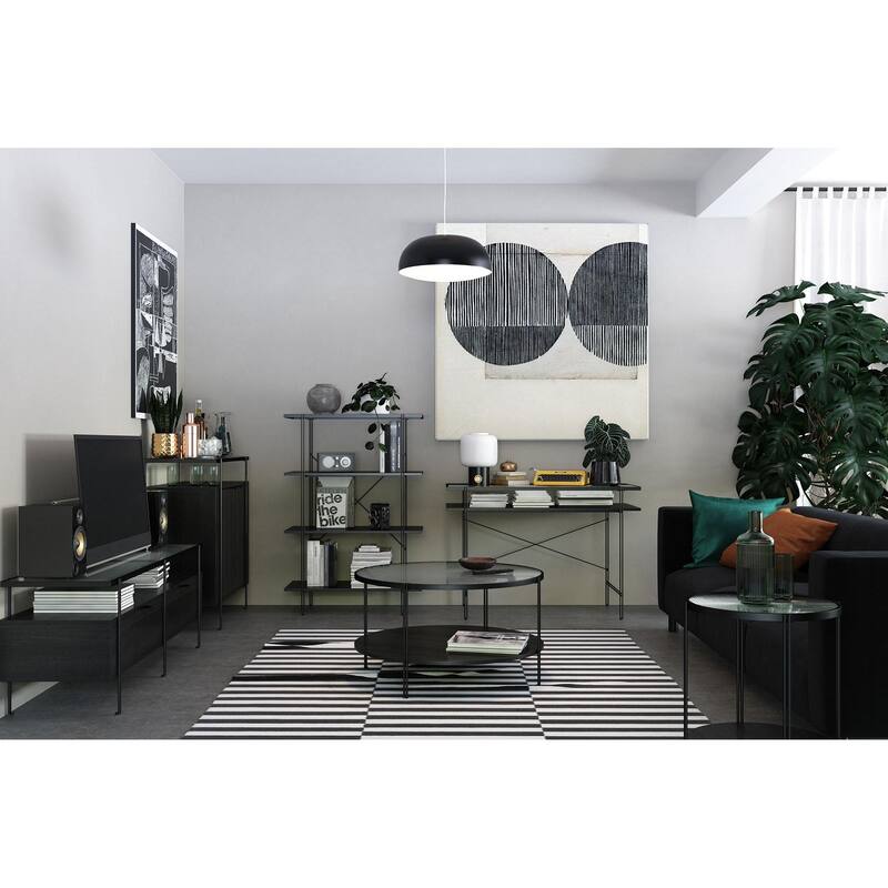 Roomfitters Vance Computer Desk with Fluted Glass Top and Open Shelving, Laminated Wood, Black