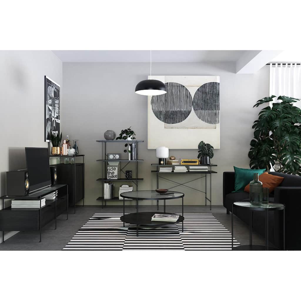 Roomfitters Vance Computer Desk with Fluted Glass Top and Open Shelving, Laminated Wood, Black