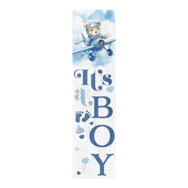 HomeRoots 36" Blue And White Solid Wood New Baby Porch Sign