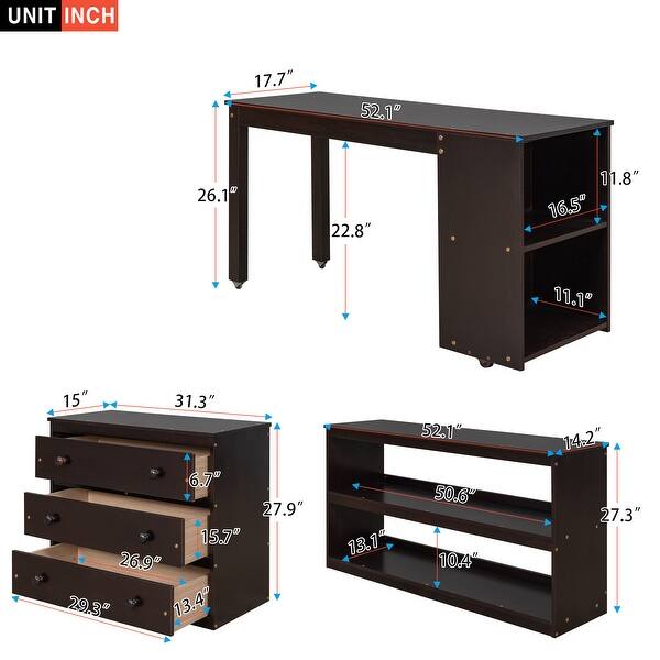 dimension image slide 3 of 4, Low Loft Bed Full Size Platform Bed with Rolling Portable Desk, Cabinet, Shelves and Drawers, Multiple Functions Storage Bed