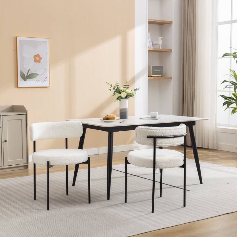 Modern 2 Piece Fabric Round Dining Chair with Backrest, Cushions, Floor Protector for Dining Room Kitchen Bedroom Living Room - White