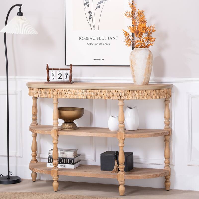 49" Wood Console Table with Hand-Woven Trim, 3-Tier Storage Shelves, with Carved Legs, Rustic Coastal Farmhouse Accent Table