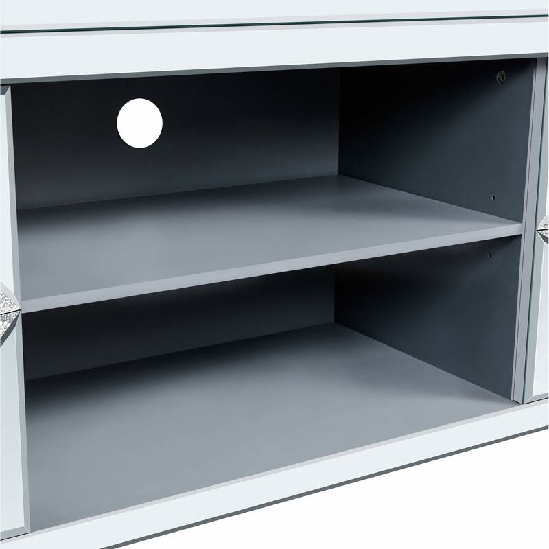 Mirrored TV Stand for 65+ Inch TVs, Silver Console Table with Diamond Crushed Mirror Doors & Storage Cabinets