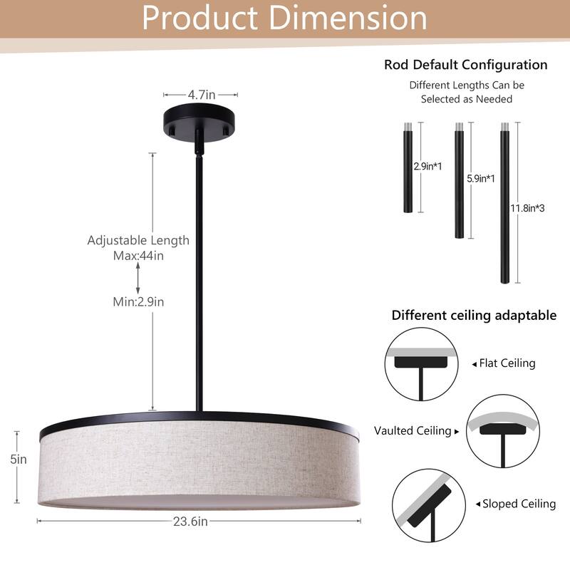 Farmhouse Drum Chandelier Integrate LED Ceiling Pendant w Fabric Shade