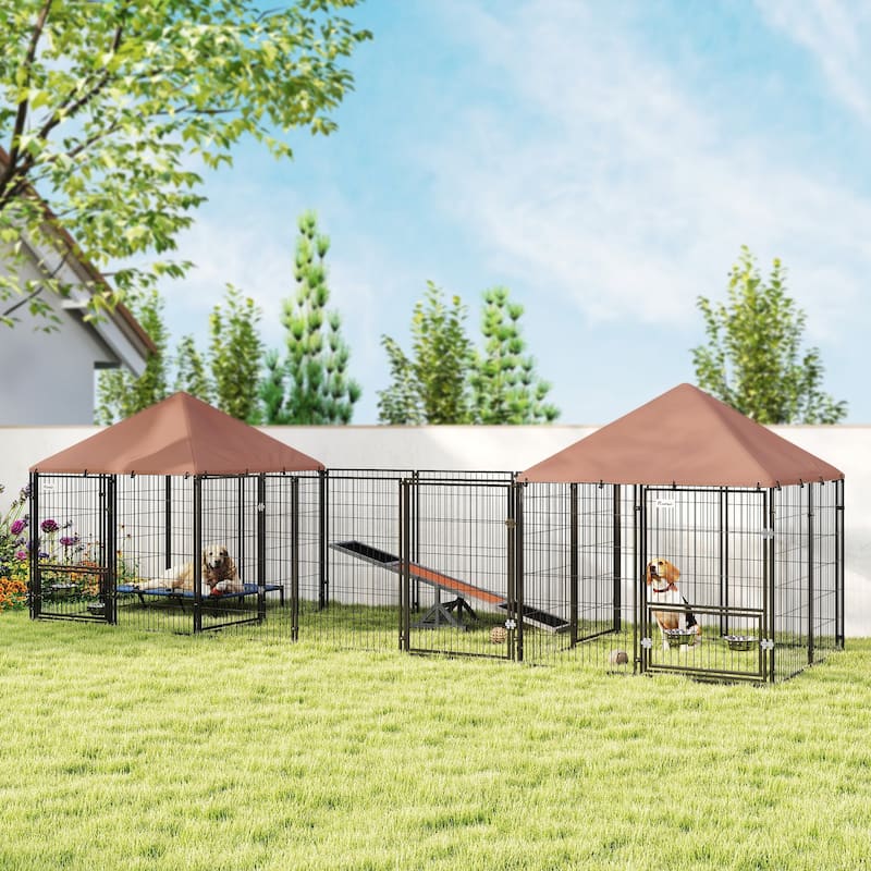 Coffee Steel Dog Kennel with 2 Rooms, Activity Area and Adjustable Bowls - 16.2' L x 4.7' W x 5.1' H