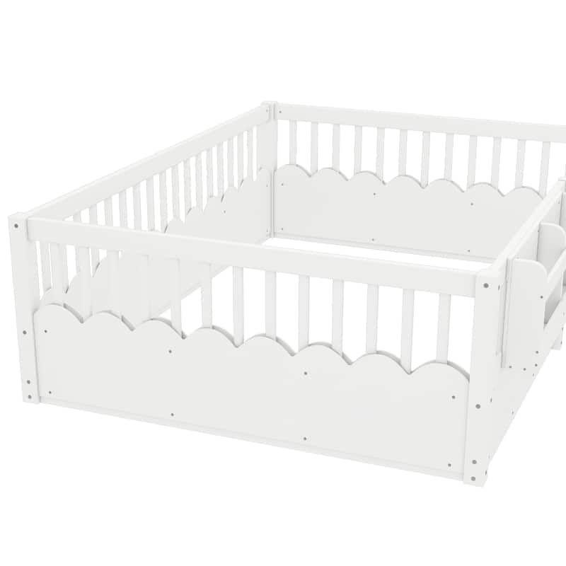 Montessori Floor Bed Kids Bed Frame with Heightened Fence and Bookshelf, Wavy Decoration Wood Platform Bed, No Slats Design