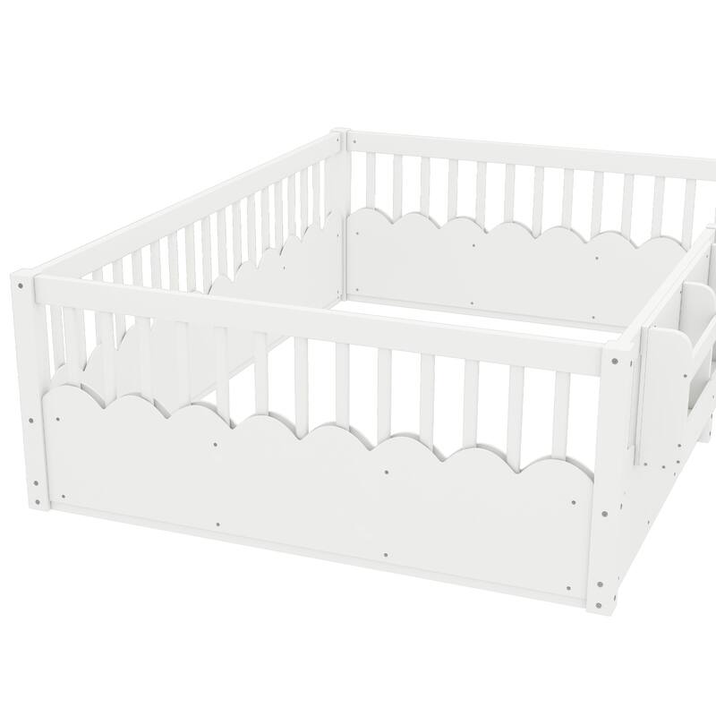 Roomfitters Floor Bed with Bookshelf and Heightened Fence, Solid Wood Frame with Guardrails