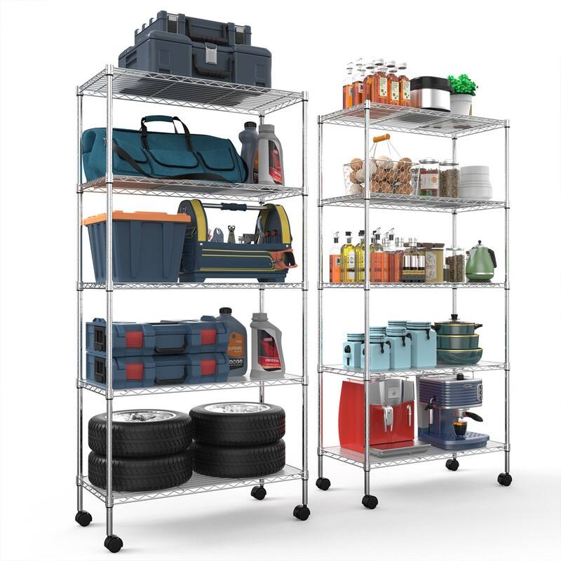 3/5/6-Tier Adjustable Heavy Duty Wire Shelving Unit with Wheels, Chrome/Black/White