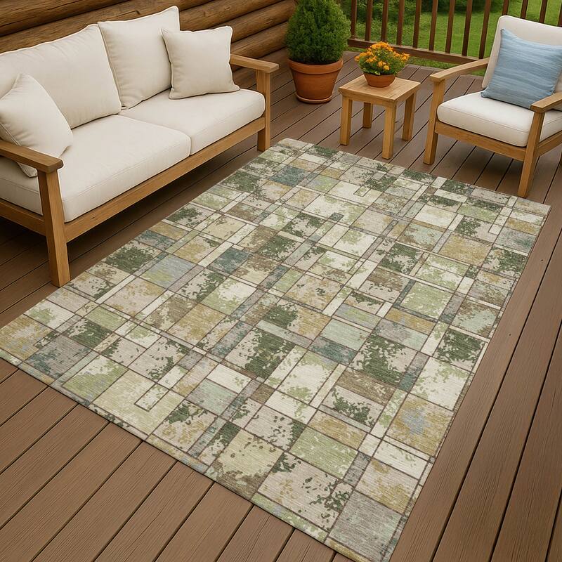 Machine Washable Indoor/ Outdoor Patchwork Chantille Rug - Olive - 5' x 7'6"