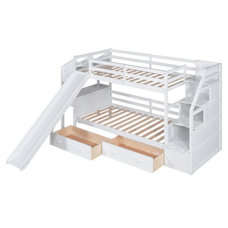 Twin Over Twin Bunk Bed With Storage Staircase, Slide And Drawers, Desk With Drawers And Shelves