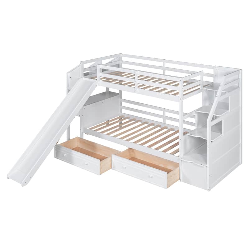 Wooden Bunk Bed w/Desk, Twin Over Twin Bed Frame w/Drawers Slide