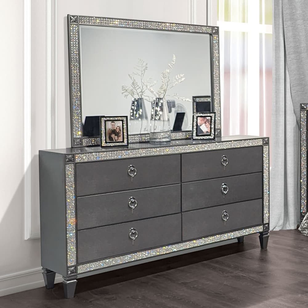 Furniture of America Welen Glam Grey Wood 2 Piece 6 Drawer Dresser and Mirror Set