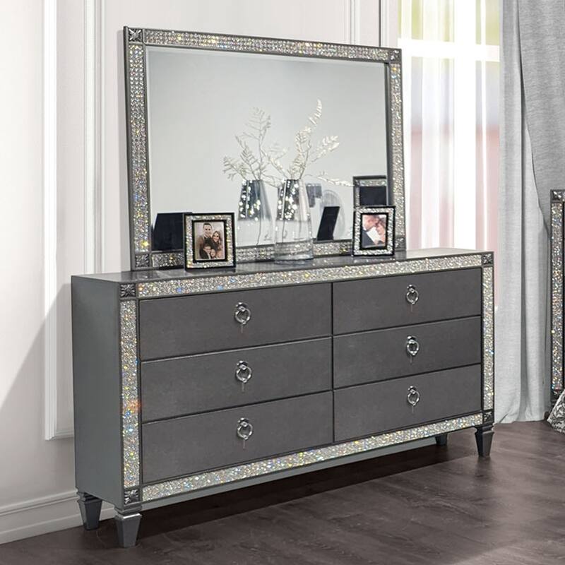 Furniture of America Welen Glam Grey Wood 2-Piece 6-Drawer Dresser and Mirror Set - Grey
