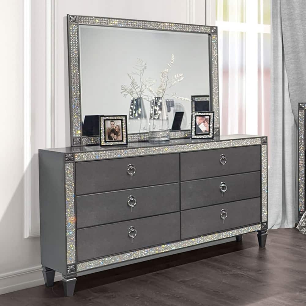 Furniture of America Welen Glam Grey Wood 2-Piece 6-Drawer Dresser and Mirror Set