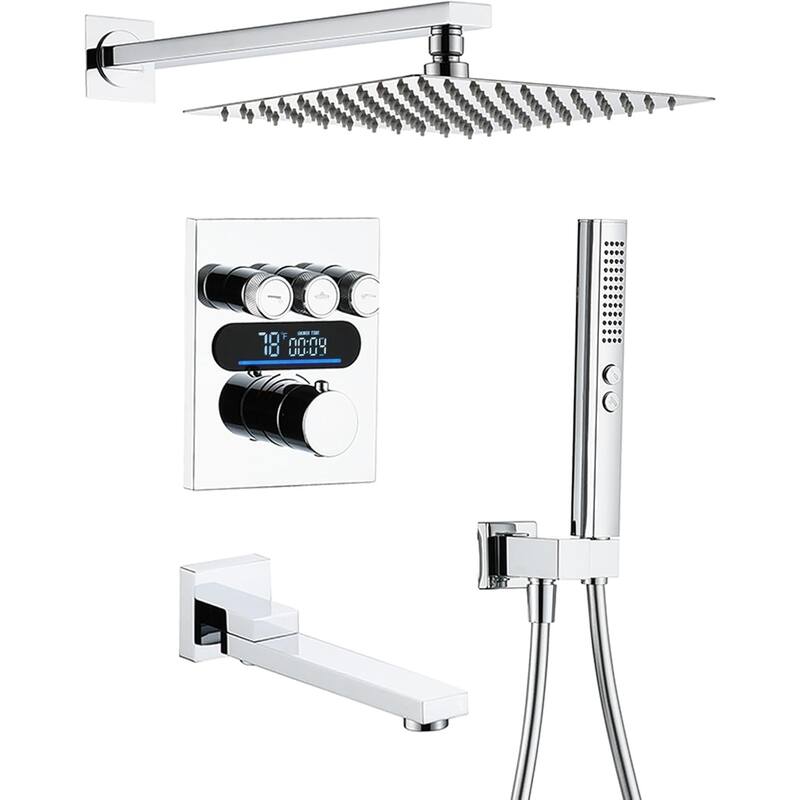 Lefton Shower System in Fahrenheit Display, 10” Overhead Shower Head with Handheld Spray Showerhead and Bathtub Faucet, SSWM2502 - Chrome