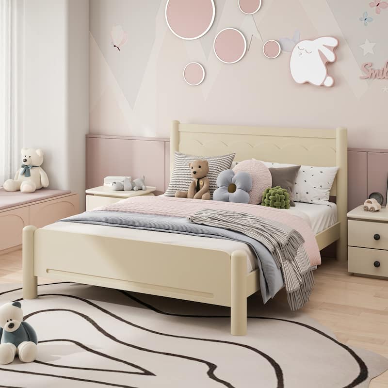 Queen Size Wood Platform Bed with Headboard, Solid Wood Legs, No Box Spring Needed, Beige