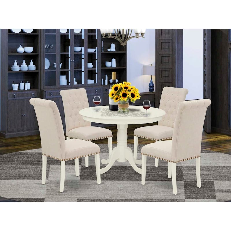 HomeStock 5-Piece Round Linen White Finish Solid Wood Top Dining Table with 4-Parson Chair with Lattice Back