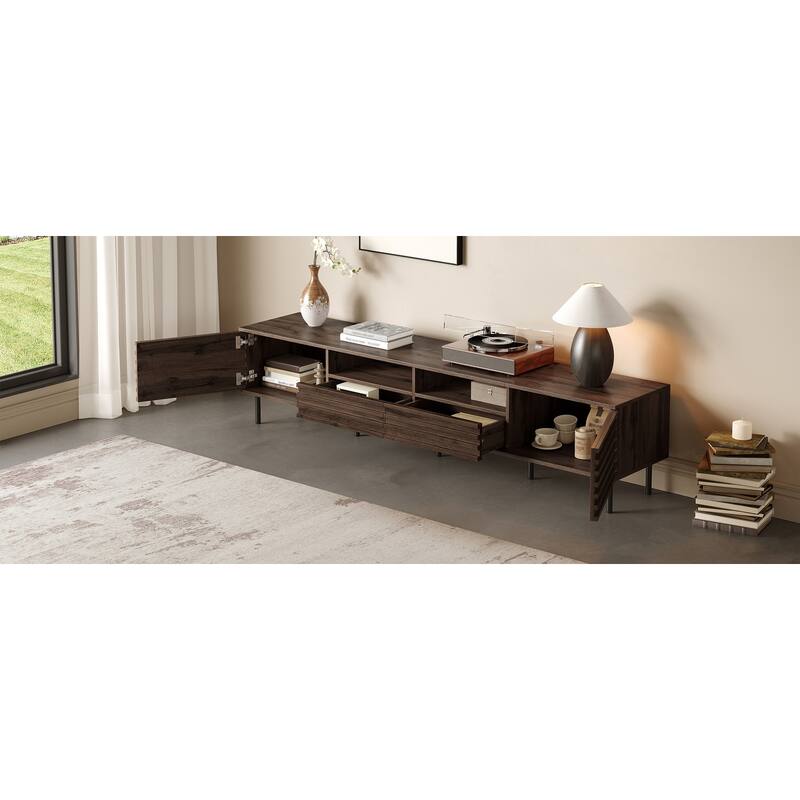 TV Stand for TVs up to 85", Entertainment Center with 2 Drawer & 2 Cabinet, Open Shelves, Wood TV Console with Cable Management