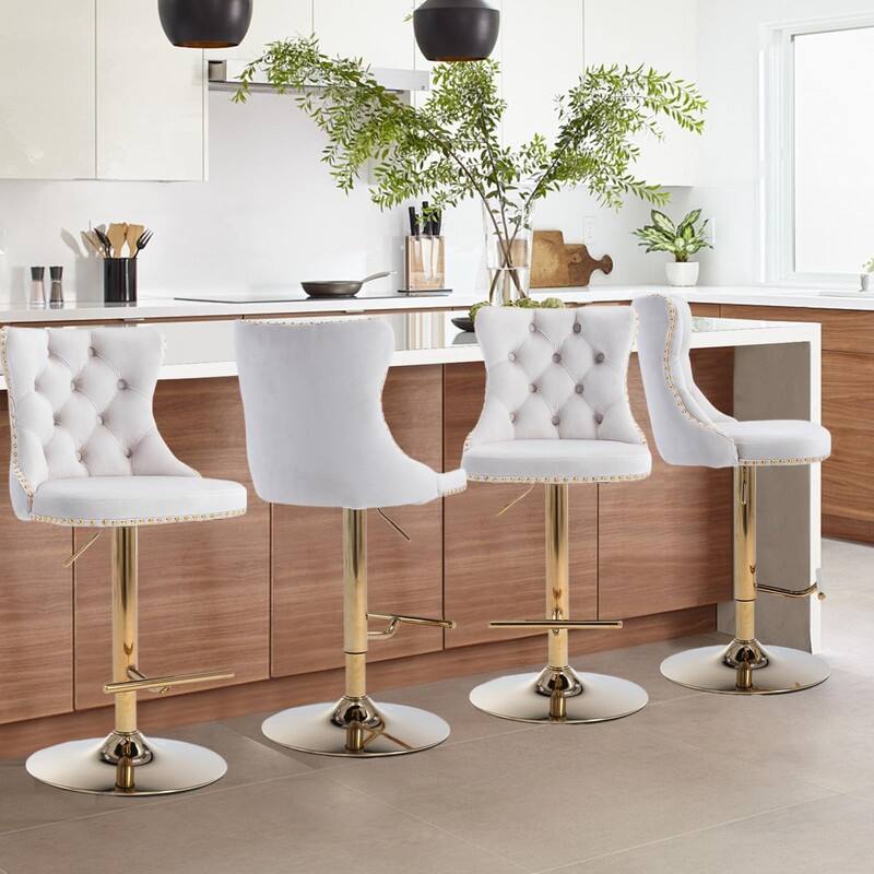 Velvet Upholstered Nailheads Tufted Swivel Bar Stools (Set of 4)