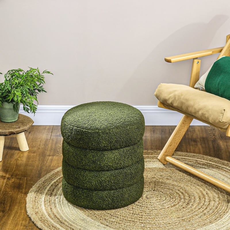 HOMCOM Modern Round Ottoman, Teddy Fleece Fabric Upholstered Foot Stool with Padded Seat for Living Room, Entryway, Green