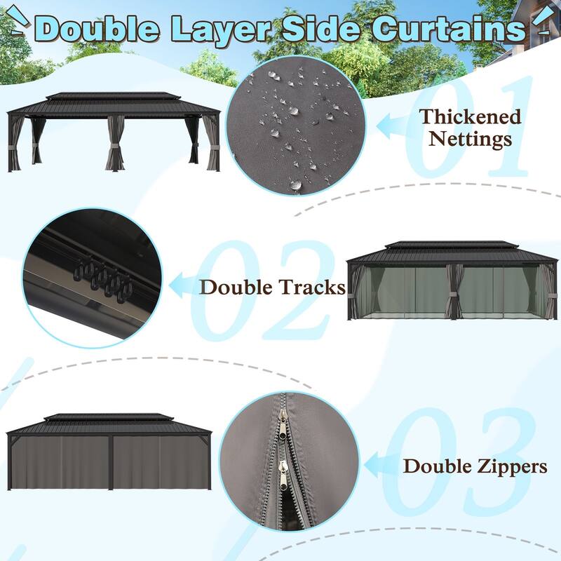 VEIKOUS Aluminum Double Hardtop Gazebo Pergola for Patio, Lawn, and Garden with Removable Curtains and Netting