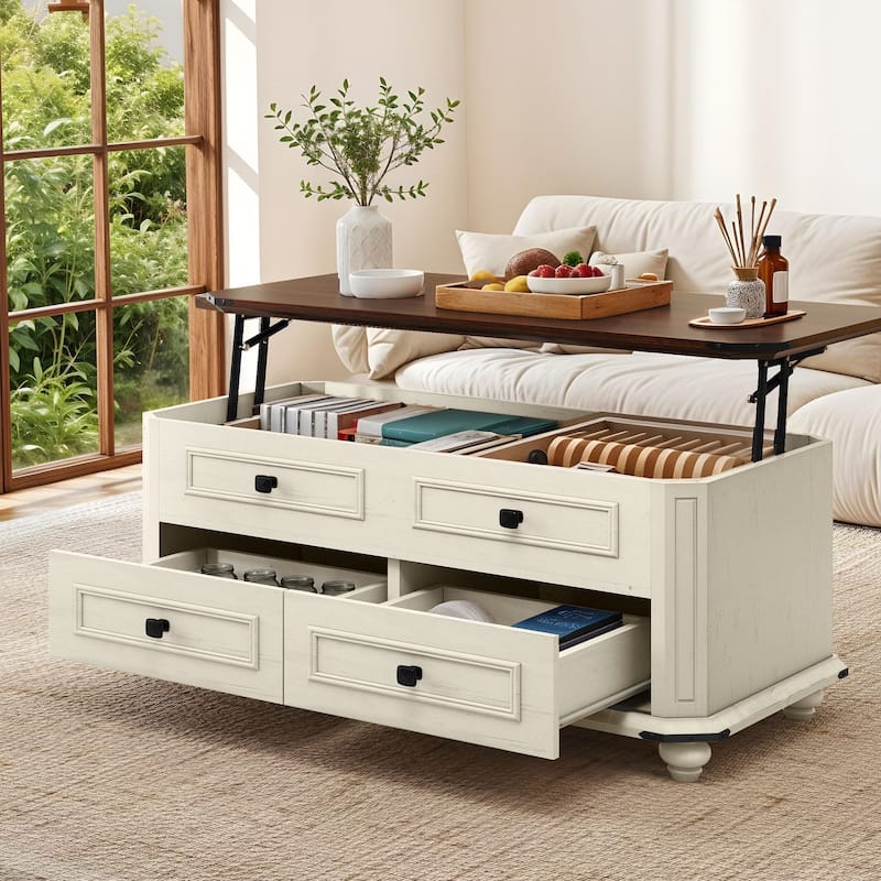 Moasis 36"W Lift-top Farmhouse Coffee Table Center Table with Drawers and Large Hidden Storage - White