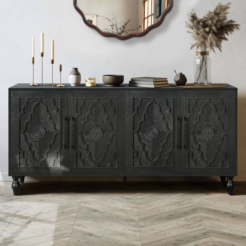 Carved Flower Door Large Storage Cabinet With Metal Handle Suitable for Living Room, Kitchen - Black