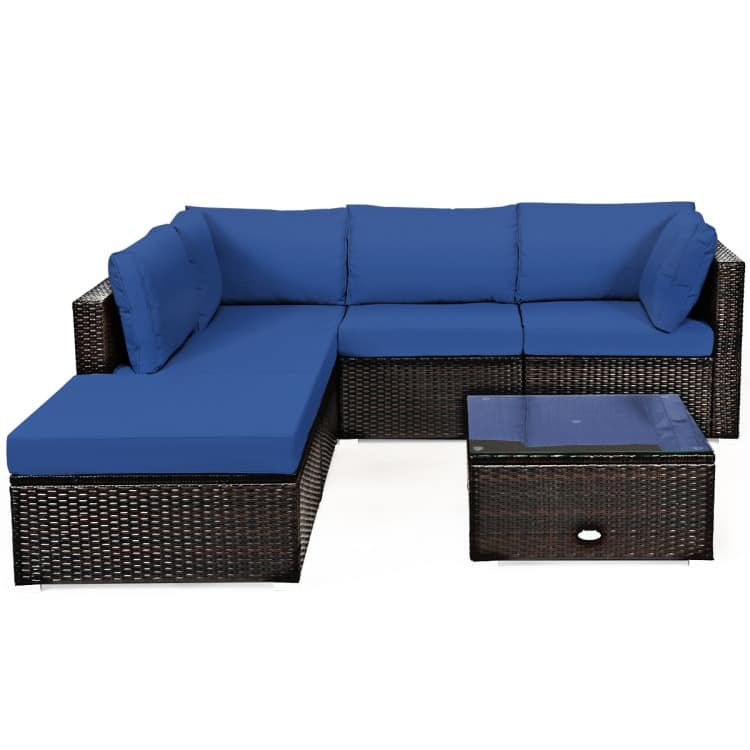 6 Pieces Outdoor Patio Rattan Furniture Set Sofa Ottoman with Coffee Table - 30'' x 30'' x 26''(L x W x H)