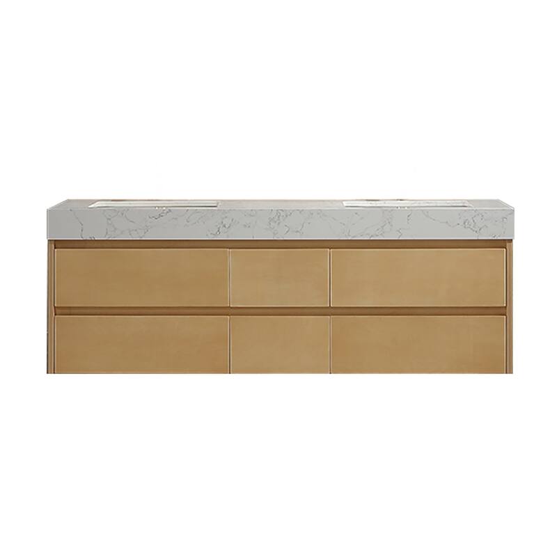 48 in./ 60 in. Solid Wood Wall-Mounted Bathroom Vanity Set in Maple with Engineered Stone Top and Ceramic Sink